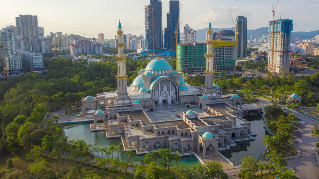 An aerial view image showcasing the Federal Territory Mosque in Kuala Lumpur, Malaysia