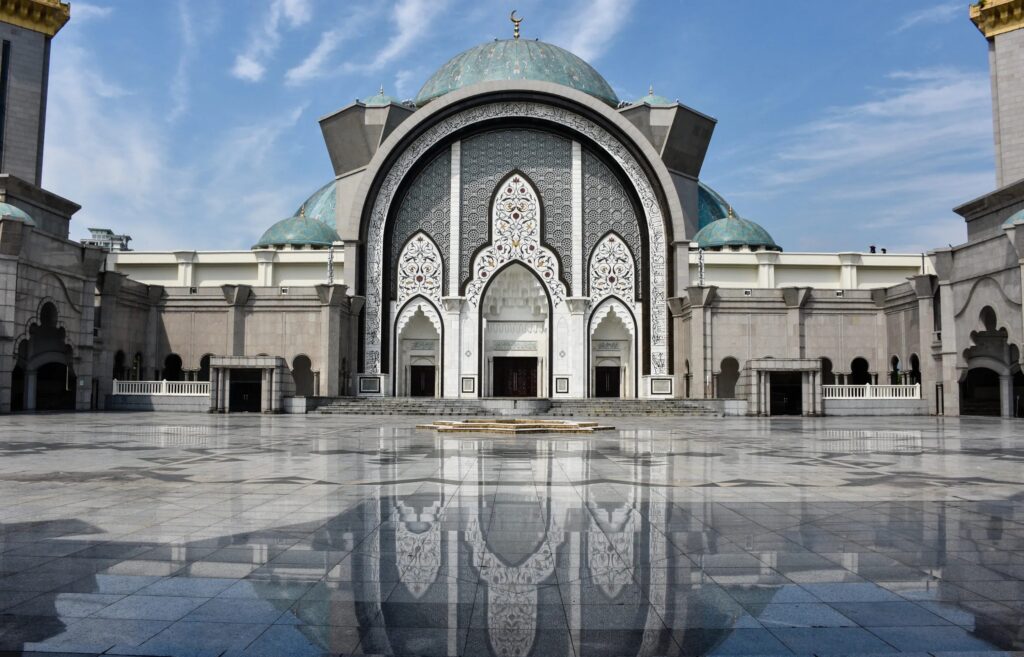 Front view image of the entrance gateway of Federal Territory Mosque, Wilayah Persekutuan Masjid, Kuala Lumpur, Malaysia